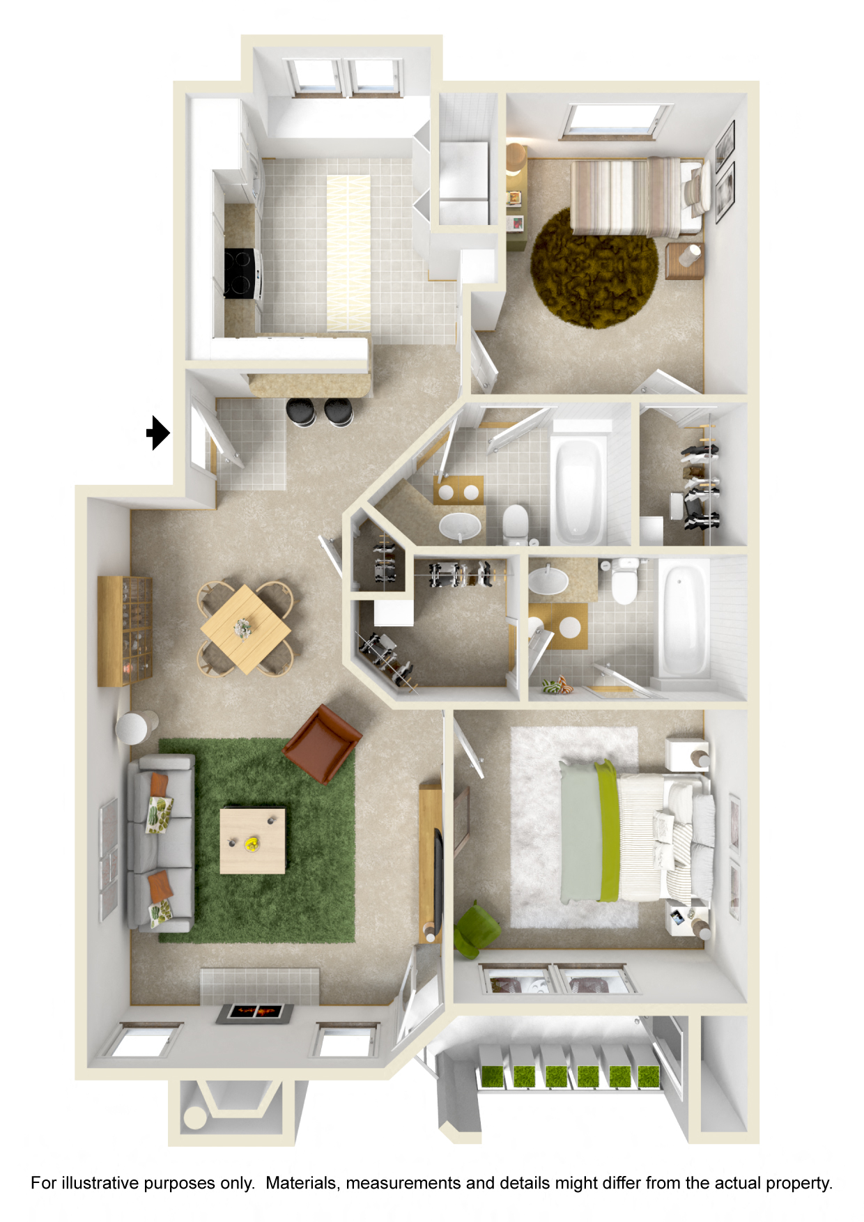 Floor plan for 2 beds, 2 baths, 1100 sqft